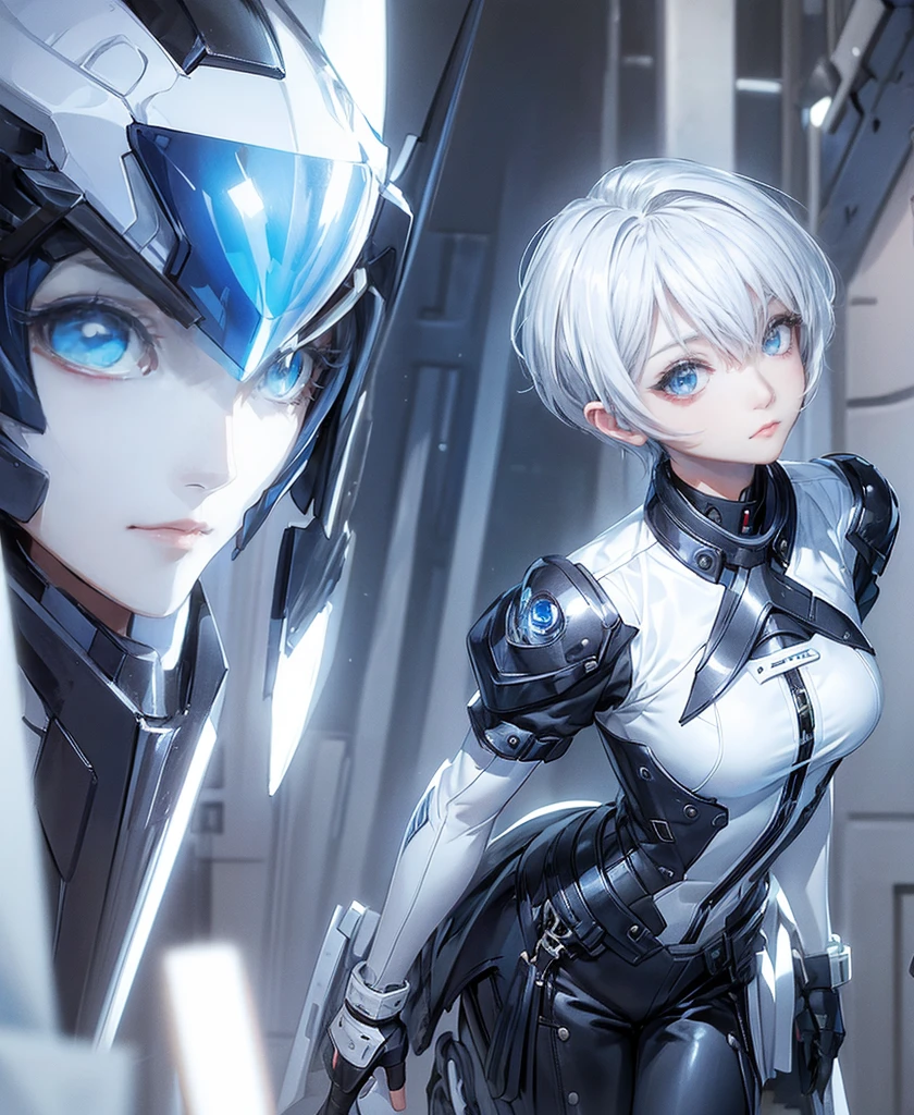 ((4K Works))、masterpiece、(Highest quality)、One beautiful girl、The body is slim、expensive、((Black Y-shirt and white pants、Charming street style))、Please wear a cropped jacket、(Beautiful eyes in every detail)、Morning City、Stylish city、Kneel、((short-haired gray hair))、((Makes your face smaller))、((Neutral face))、((Bright Blue Eyes))、((Adult female, 2))、((Cool woman))、((Like a celebrity))、((Korean Makeup))、((elongated and sharp eyes))、((boyish))、Professional photos、((Model Photo))、((Look up at the sky))、((Shooting from behind))、((She is looking upwards))、((Her eyes are looking up))、((Increase the angle of the face))、((She is walking in front of the viewer))、(Neckline), Elbow-length gloves、Knee-high boots