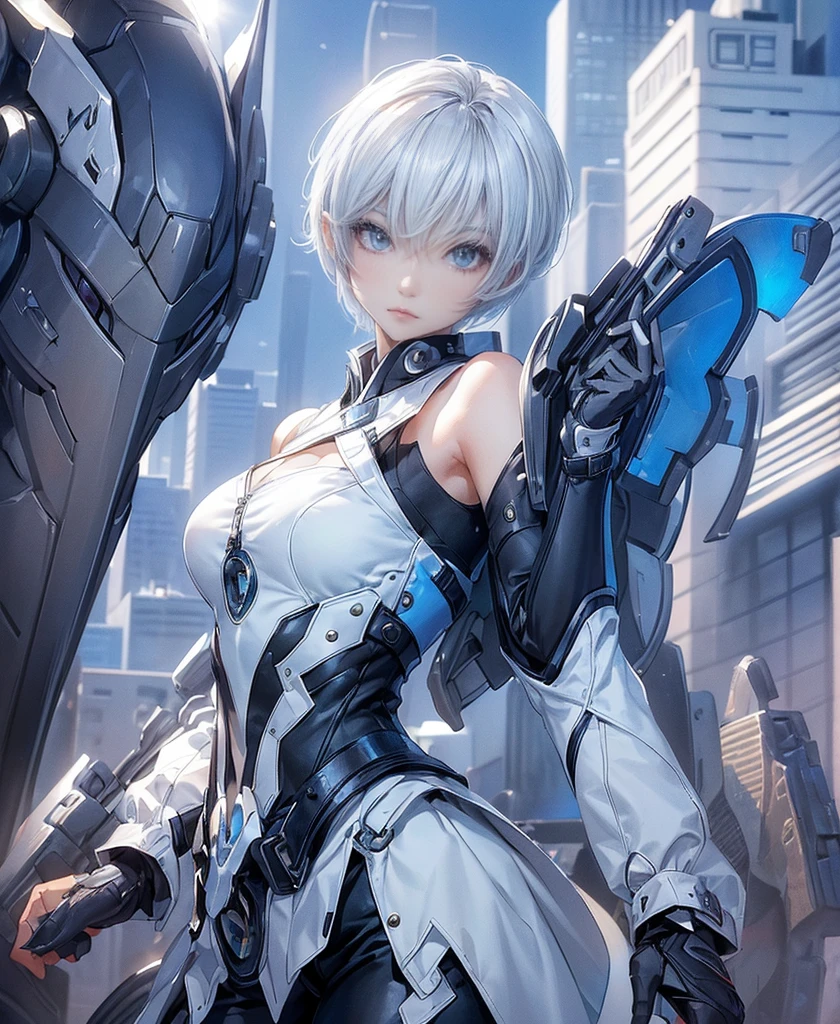 ((4K Works))、masterpiece、(Highest quality)、One beautiful girl、The body is slim、expensive、((Black Y-shirt and white pants、Charming street style))、Please wear a cropped jacket、(Beautiful eyes in every detail)、Morning City、Stylish city、Kneel、((short-haired gray hair))、((Makes your face smaller))、((Neutral face))、((Bright Blue Eyes))、((Adult female, 2))、((Cool woman))、((Like a celebrity))、((Korean Makeup))、((elongated and sharp eyes))、((boyish))、Professional photos、((Model Photo))、((Look up at the sky))、((Shooting from behind))、((She is looking upwards))、((Her eyes are looking up))、((Increase the angle of the face))、((She is walking in front of the viewer))、(Neckline), Elbow-length gloves、Knee-high boots