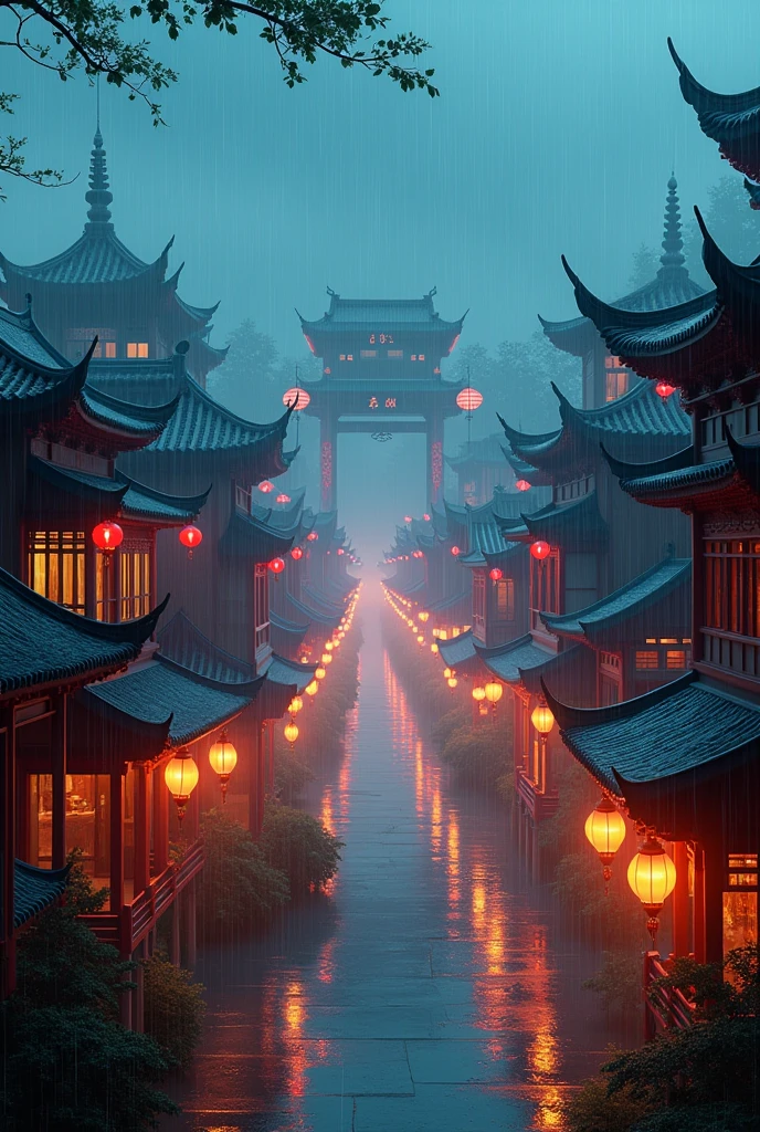 arafed view of a village with a lot of lights on the buildings, dreamy chinese town, chinese village, amazing wallpaper, japanese town, japanese village, hyper realistic photo of a town, old asian village, japanese city, by Raymond Han, rainy evening, cyberpunk chinese ancient castle, beautifully lit buildings, at evening during rain, beautiful and aesthetic, photography, cinematic, 8k, high detailed ((Heavy rain)))