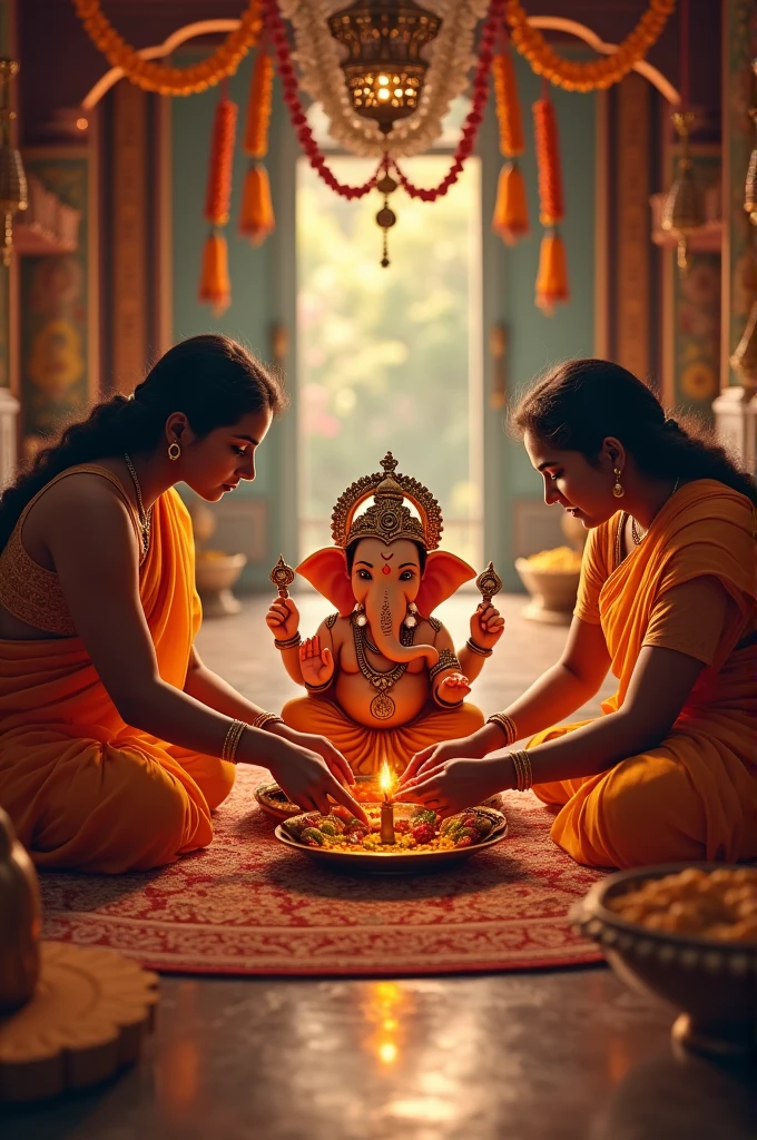 An image of devotees placing a beautifully crafted Ganesh idol at home during an auspicious time, with traditional decorations in the background.