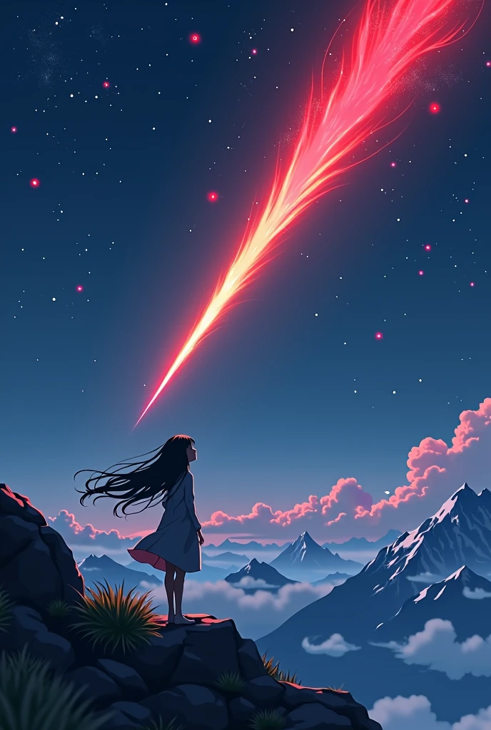 heaven、Clear skies、Less clouds、Red Meteor、One girl、Watching a meteor、Back view、Long Black Hair、Summit