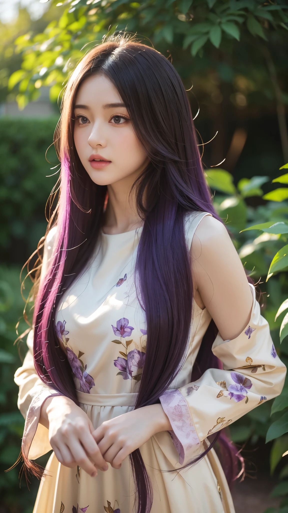 a beautiful anime girl with long purple hair, hourglass figure, intricate detailed face, beautiful detailed eyes, beautiful detailed lips, extremely detailed facial features, delicate facial expressions, wearing a colorful dress, detailed clothing folds and textures, outdoor garden scene with flowers, detailed foliage, sunlight, warm color tones, masterpiece, 8k, high quality, photorealistic, vibrant colors, cinematic lighting