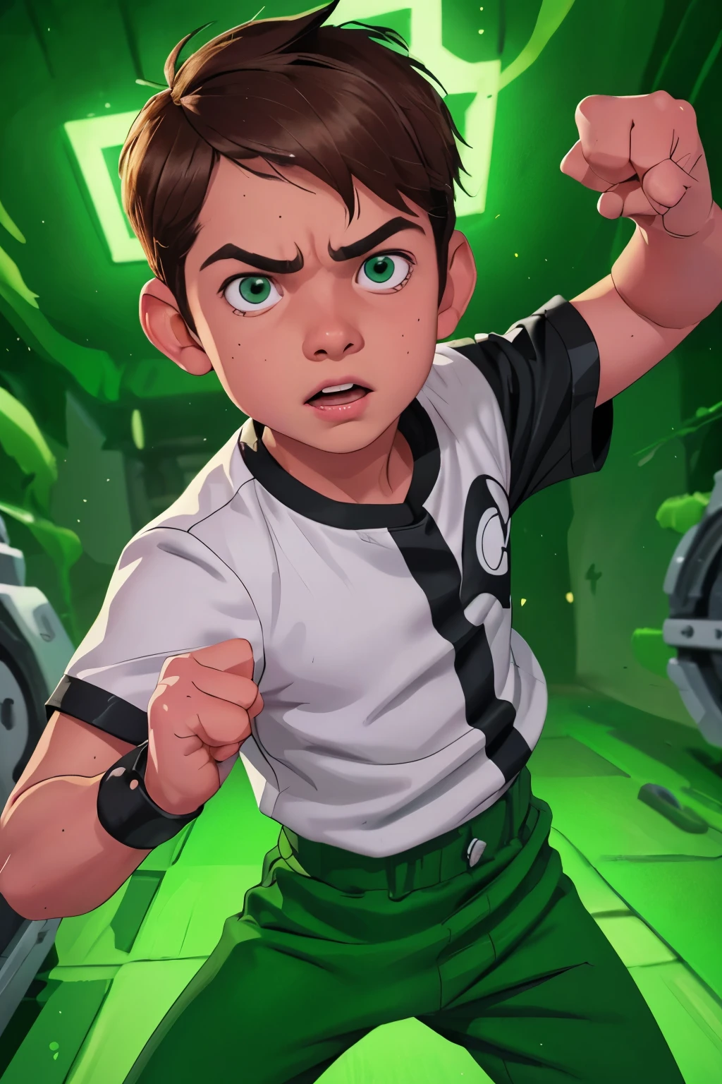 Movie poster, Ben 10 ((A child, *** ))), ((wearing a white outfit with black stripe in the center, large Green pants)), showing fist. ((( Machine on fist))) . ((Action facial expression )) . highy detailed, face detailed, realisitic, cinematic lighting, studio quality, proffesional, face detailed, intrikate, bright coloured. ((Comic lighting background)).