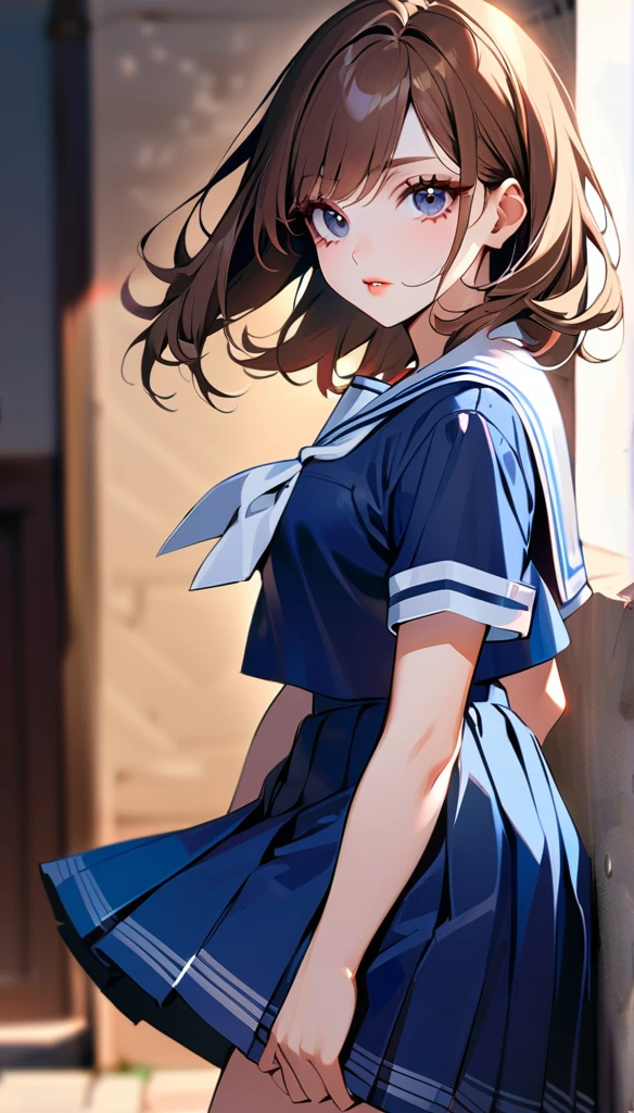 1woman, solo, brown hair, black eyes, detailed eyes, eyelashes, light lips, 25years old, sailor suit, school uniform , looking at viewer, cowboy shot