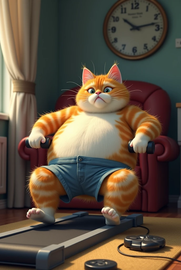 Scene: The cat starts a workout routine. Shots of the cat trying various exercises—lifting small weights, jogging on a treadmill, and doing stretches.
Emotion: Initial struggle is evident—he sweats, pants, and occasionally stumbles, but gradually, he starts improving.
