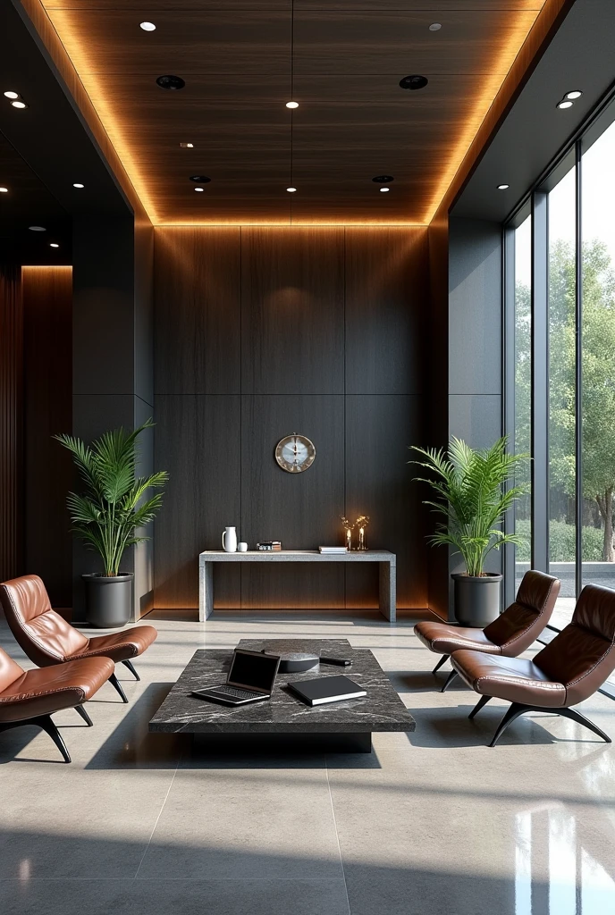Professional 3d architecture rendering design of modern   And high tech for boticque  hotel’s Labi with  dark slab  stone  and 4 dark brown leather Chairs  and medium  flouting  dark gray marble  station and  2 laptops and coffee table elegant and modern  glassy and silver accessories and  modern windows and  private space for baggage  in the Labi and black slab stone middle table and elegant accessories and modern ceiling lighting and beautiful green space 