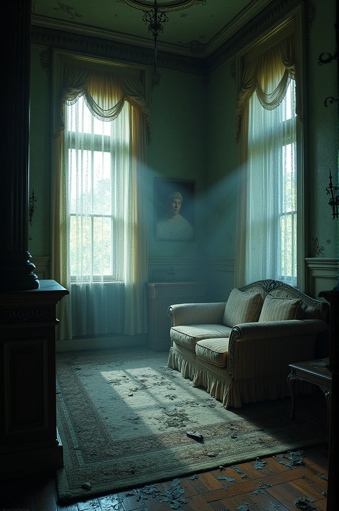 The interior of the mansion, showing dusty, cobweb-covered furniture and dimly lit, creaky rooms to create a spooky atmosphere.