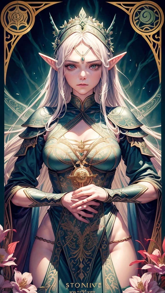 A tarot card of a gorgeous beautiful elf warrior queen, fractal magic, illustration in the style of Travis Charest, ink linework, poster, Elle Fanning model, cgsociety, fantasy art, detailed illustration, mystical, A botanical masterpiece, detailed, hyper-realistic, elemets of symbolism and surrealism, intricate design, intertwined, beautiful woman, flowers, pastel.