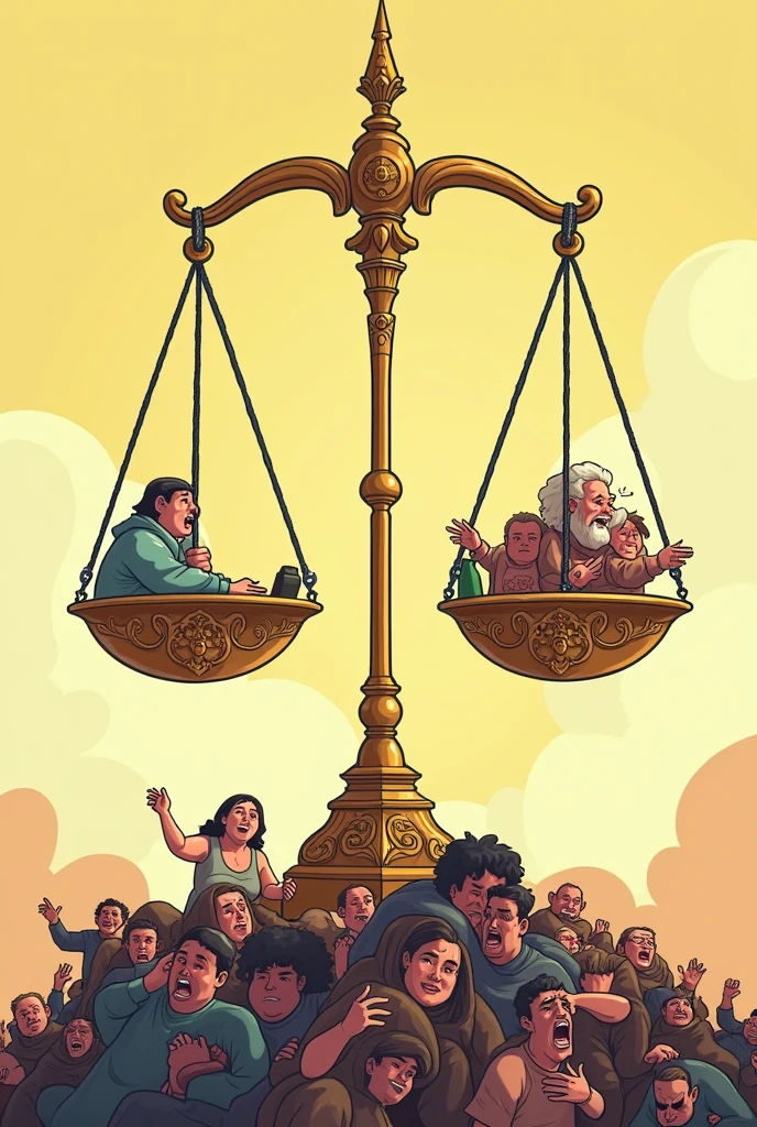 Cartoon for kids of a scales of justice tilted to one side, with people suffering under the weight of that scale