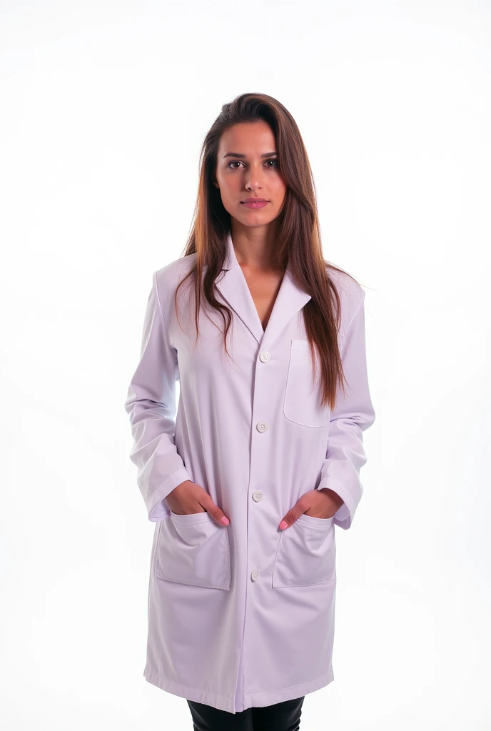 Woman in white coat with arms crossed on white background