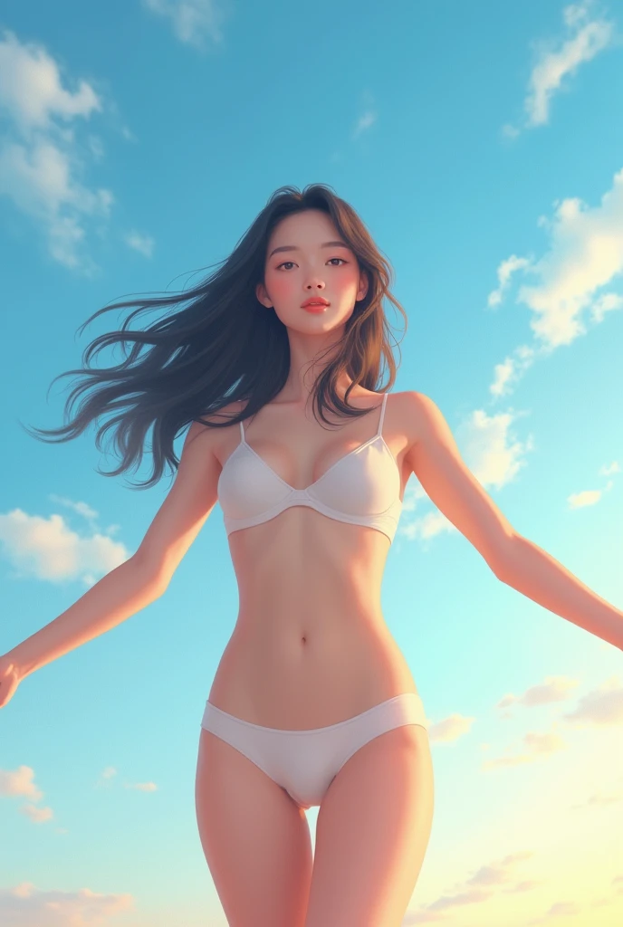 A ager chinesethai woman with long hair white aura skin tone and wearing delicate white panty stands outdoors on a sunny day and her arms spread out as she stretches her body. The warm sunlight casts a gentle glow, highlighting the subtle curve of her navel and the outline of her underwear. Clouds drift lazily across the blue sky above.