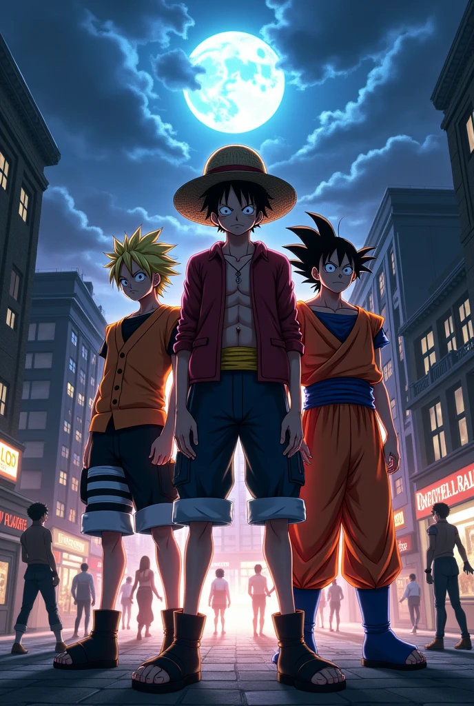 luffy and naruto, goku in london city at midnight
