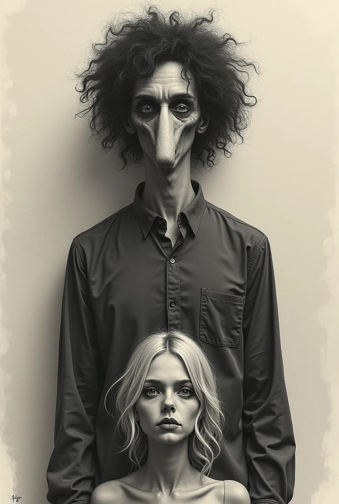 a drawing of a couple, the man is tall black curly hair and has a big nose, The girl is blonde, short and has a psychotic face