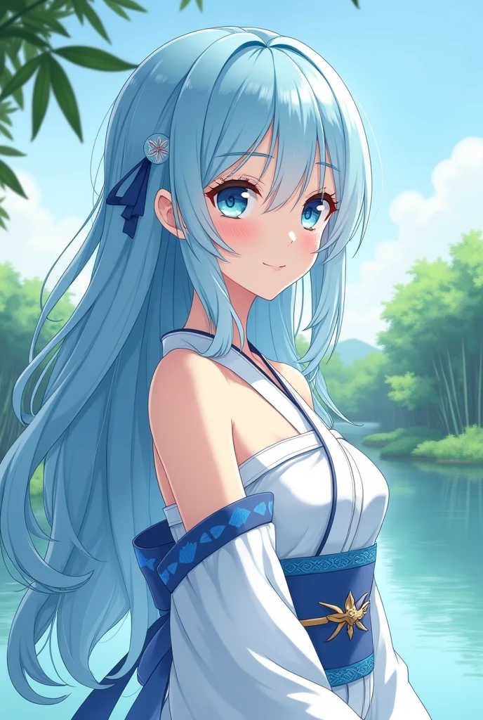 Masterpiece, Best Quality, Official Art, 8k Wallpaper, Very Detailed, Illustration, 1 Girl, Sky Blue Hair, Long Hair, Detailed Eyes, Forrest Gump, Bare Shoulders, Hanfu, Lake, Pure, Soft Smile, bamboo, tea