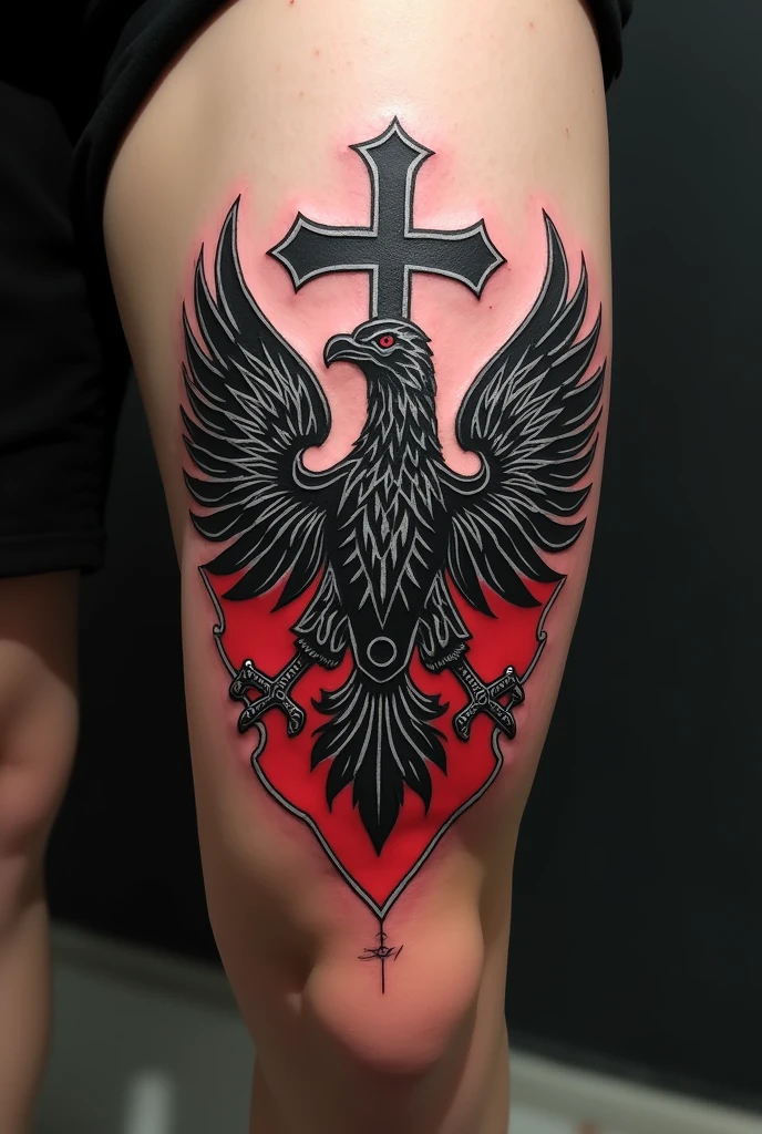 Tattoo on knee with cross and eagle Black and white with Poland flag