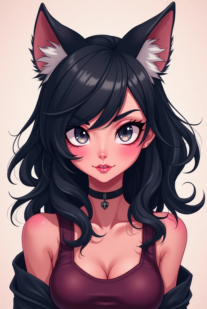 A female cartoon character with fair-skinned pink skin, long black hair, wolf cut, grey eyes, and a tomboyish and mischievous personality.