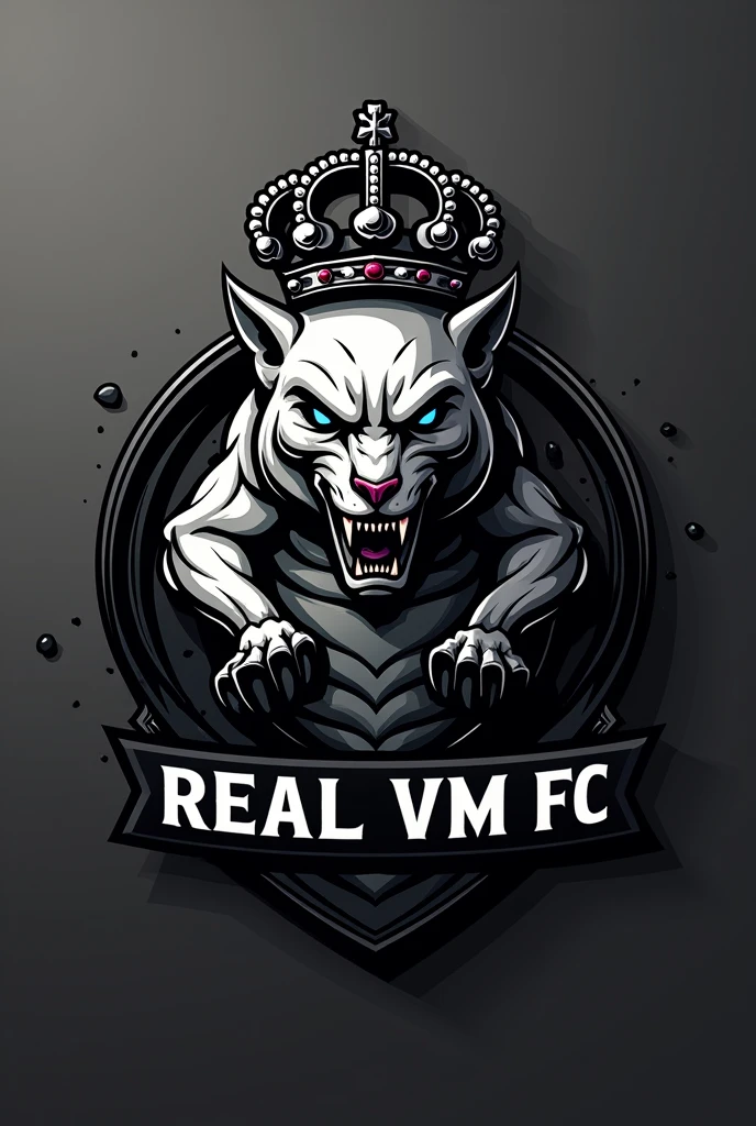 Create a team crest inspired by Real Madrid, with black and white colors, do something different, put some mascot in the logo, and the team name too, the team name is REAL VM FC, remember if, It's not to do the same as Real Madrid, just inspire, put the name REAL FC on the shield, make a mascot more intimidating with its mouth closed, make it a more ferocious pet, it doesn't have to be an animal, make the shield round with a crown on top, make the most ferocious mascot, closed mouth