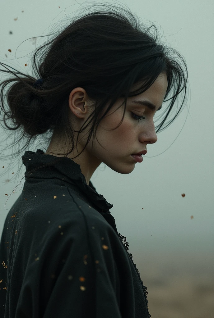 (best quality, masterpiece), 1girl, looking down, wind, particle, simple background, dark mood, upper body,