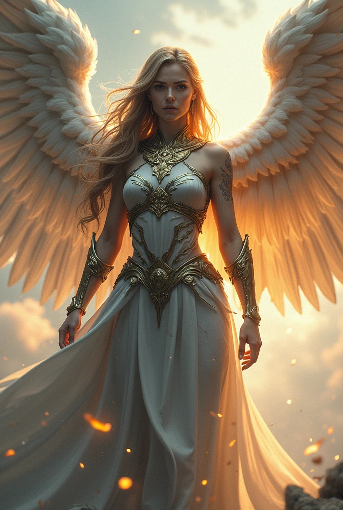 Beautiful angel soldier, Woman,light,damaged armor,broken light,hope,energy charging, Giant wings ,helmet,white magic tattoo