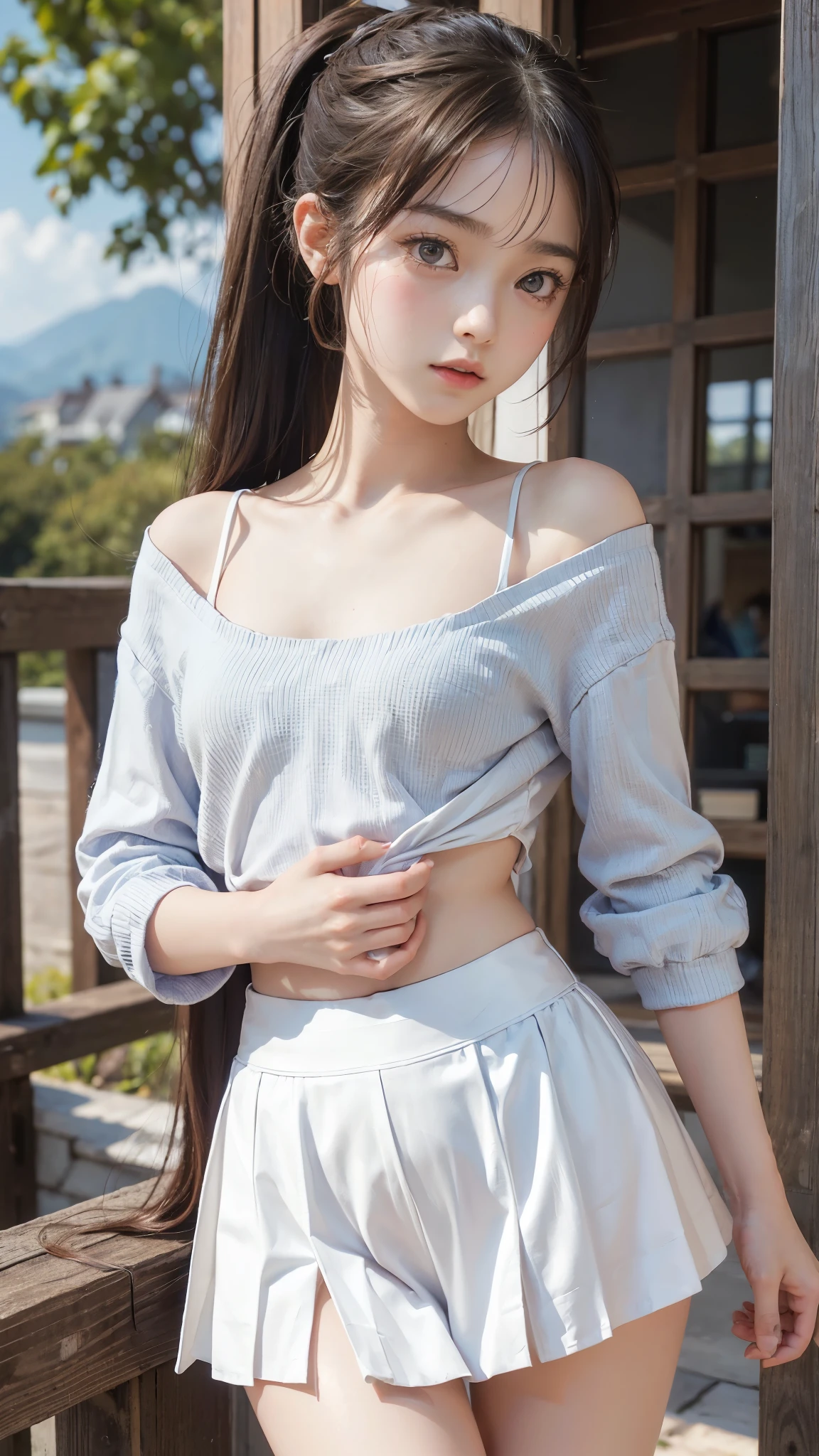 Twins, two Japanese high school girls、Standing with the sandy beach in the background、 long legs、two girls、(((flat chest))), (flat chest:1.1)、((best quality)), ((masterpiece)), (detailed), 1girl, off-shoulder,clothes too big exposing chest,(little chest),(beautiful big eyes:1.3),extremely detailed cute face, (((flat chest))),intricate eyes,beautiful detailed eyes,symmetrical eyes,(((detailed face))),beautiful detailed lips,(nsfw)), ((downblouse, upskirt)),(((flat chest))), (flat chest:1.1)、(baggy, sagging clothes, upskirt, downblouse), dynamic pose,looking at viewer, (((embarrassed))),(horrified expression),(crying),highres,(best quality),(ultra detailed,extremely detailed),perfect face details, ((masterpiece:1.4, best quality))+, (ultra detailed)+, long twintails, cute girl,blue clothes, (flat chest:1.3), small breasts, prominent collarbones, skinny arms, flat stomach, visible hip bones, long hair, red hair, white hair, blonde hair, dark hair, ponytail, thick ponytail, heavy ponytail, small breasts、Ultra high definition, high quality, High-resolution model, High detail, Very detailed,