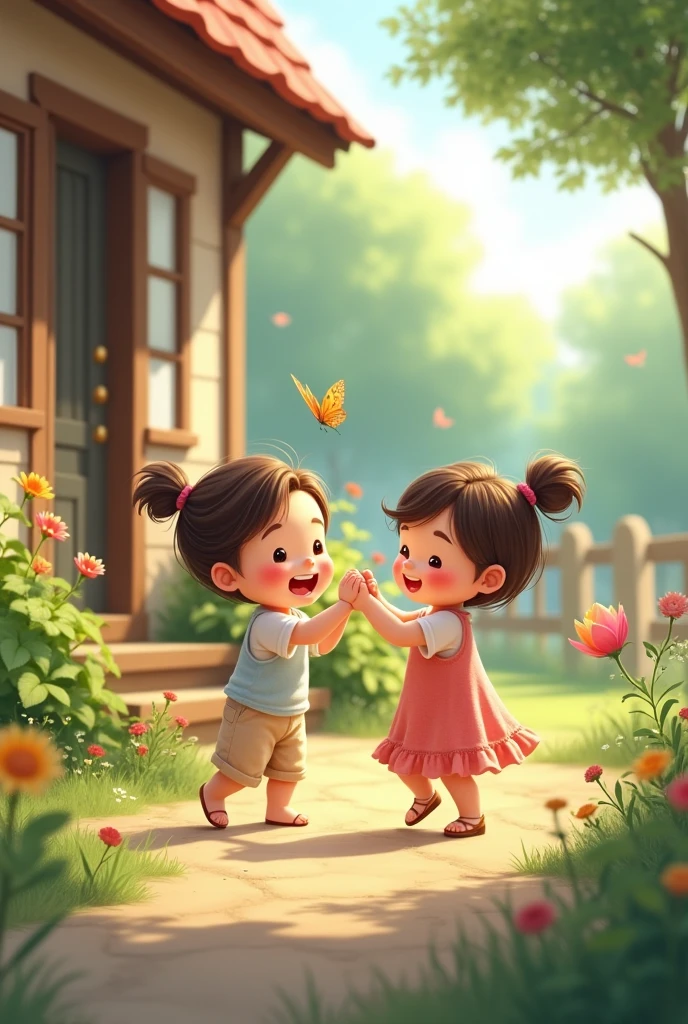 Creat cute baby with sister playing in front of house