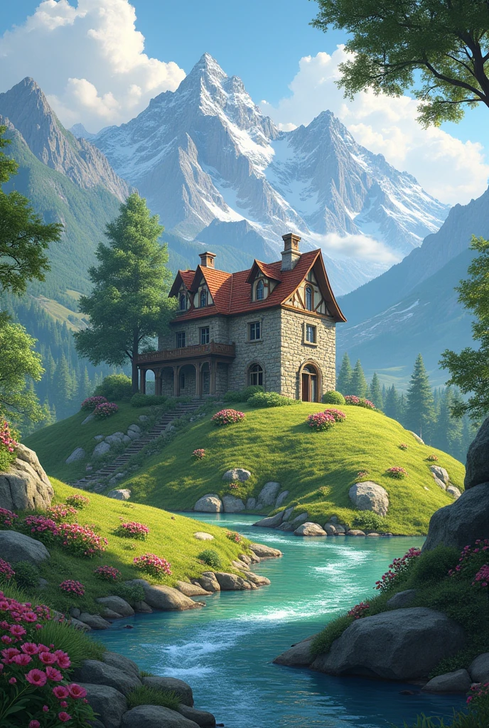 beautiful stone  house on a dune green landscape with flowers and a river with snowy mountains in back and trees nearby

