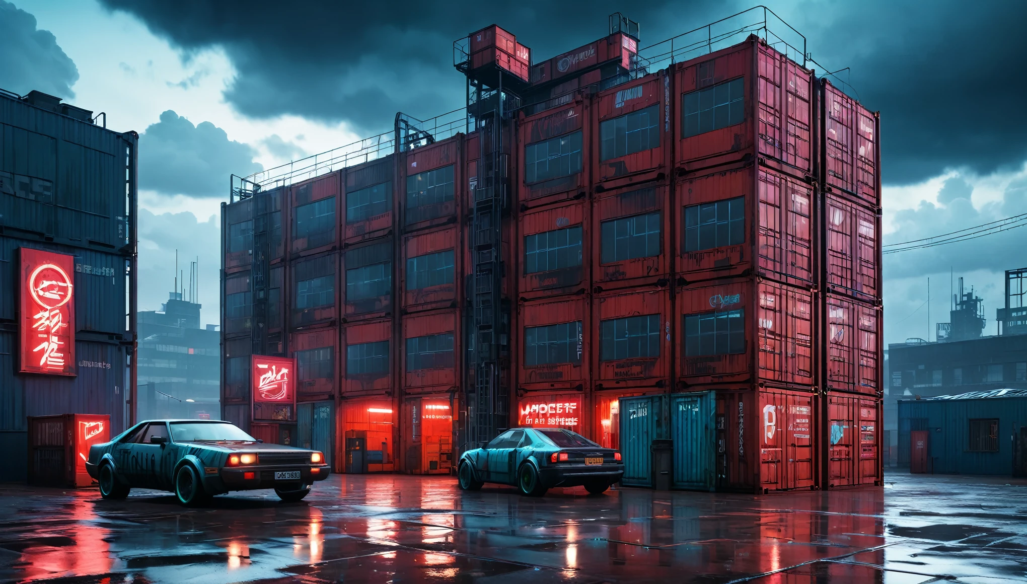  post apocaliptic factory, cyber punk setting, neon lights, cyberpunkcars in front of the building, sad brutal architecture, red brick walls, concrete floor. old containers and crates, huge advertasing sign at the top of the building, cloudy weather, from below, wide shot, atmospheric perspective, perspective, 8k, highres, best quality, award winning, super detail, masterpiece, UHD