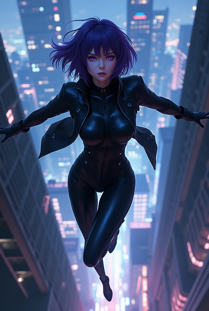 (((ghost in the Shell SAC_Motoko Kusanagi from 2045,Ultra-high-definition Real 3D CG graphics of Kusanagi Motoko from the anime ghost in the Shell、Motoko Kusanagi)))Purple Hair, Purple Eyes,Beautifully detailed eyes and mouth, Breathtakingly detailed and realistic skin,Beautiful hair texture and shine,ghost in the Shell SAC_2045のMotoko Kusanagiのリアルな質感と細部へのこだわり,衣装はghost in the Shell SAC_2045のMotoko Kusanagiの服を着ている(((She jumps off the roof of a building:1.2), (Futuristic night cityscape background) ,With her back to the building, she smiles provocatively.))).The black cyber suit is about to be enveloped in transparent optical camouflage,(Optical camouflage expressed with holographic effects:1.5).Jump helplessly vertically from the roof of a building towards the camera, Looking into the camera, Shooting from a top angle ((She has a toned figure, A body with beautiful curves, Narrow waist, Thick thighs and round ass)), Ultra-Realistic Images, Skin and hair details, Movie Scenes, Professional Saturation,Breathtaking 3DCG graphics.(high quality, masterpiece, 最high quality, 4K.8k.:1.5). Super detailed, Ultra-fine painting, A photo that looks like a scene from a movie, Dramatic lighting, Sharp focus, Professional Photo Resolution, 3D Rendering, Awards,ghost in the Shell、