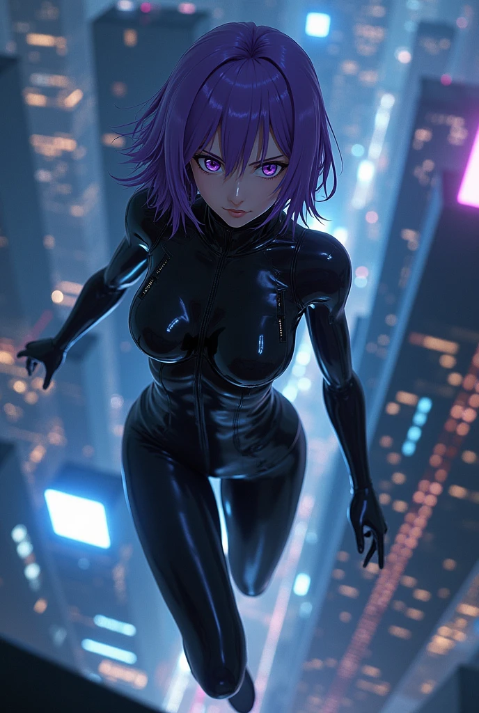 (((ghost in the Shell SAC_Motoko Kusanagi from 2045,Ultra-high-definition Real 3D CG graphics of Kusanagi Motoko from the anime ghost in the Shell、Motoko Kusanagi)))Purple Hair, Purple Eyes,Beautifully detailed eyes and mouth, Breathtakingly detailed and realistic skin,Beautiful hair texture and shine,ghost in the Shell SAC_2045のMotoko Kusanagiのリアルな質感と細部へのこだわり,衣装はghost in the Shell SAC_2045のMotoko Kusanagiの服を着ている(((She jumps off the roof of a building:1.2), (Futuristic night cityscape background) ,With her back to the building, she smiles provocatively.))).The black cyber suit is about to be enveloped in transparent optical camouflage,(Optical camouflage expressed with holographic effects:1.5).Jump helplessly vertically from the roof of a building towards the camera, Looking into the camera, Shooting from a top angle ((She has a toned figure, A body with beautiful curves, Narrow waist, Thick thighs and round ass)), Ultra-Realistic Images, Skin and hair details, Movie Scenes, Professional Saturation,Breathtaking 3DCG graphics.(high quality, masterpiece, 最high quality, 4K.8k.:1.5). Super detailed, Ultra-fine painting, A photo that looks like a scene from a movie, Dramatic lighting, Sharp focus, Professional Photo Resolution, 3D Rendering, Awards,ghost in the Shell、