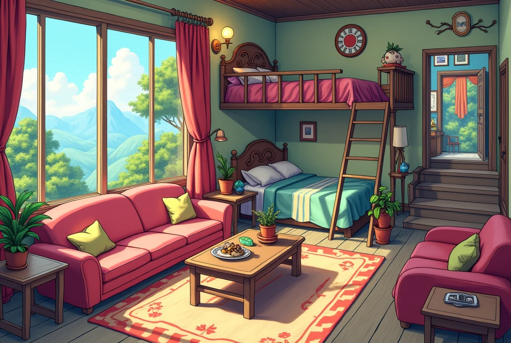 Cartoon living room, dining table, windows, style of madhouse studio anime, rpg maker style bedroom, stairs, door