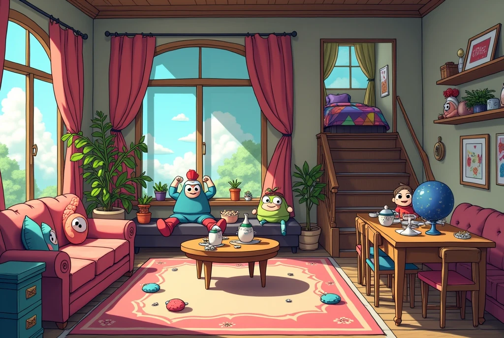 Cartoon living room, dining table, windows, style of madhouse studio anime, rpg maker style bedroom, stairs, door