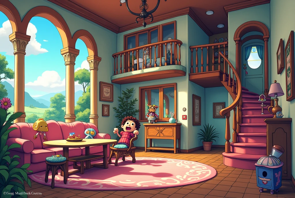 Cartoon living room, dining table, windows, style of madhouse studio anime, rpg maker style bedroom, stairs, door