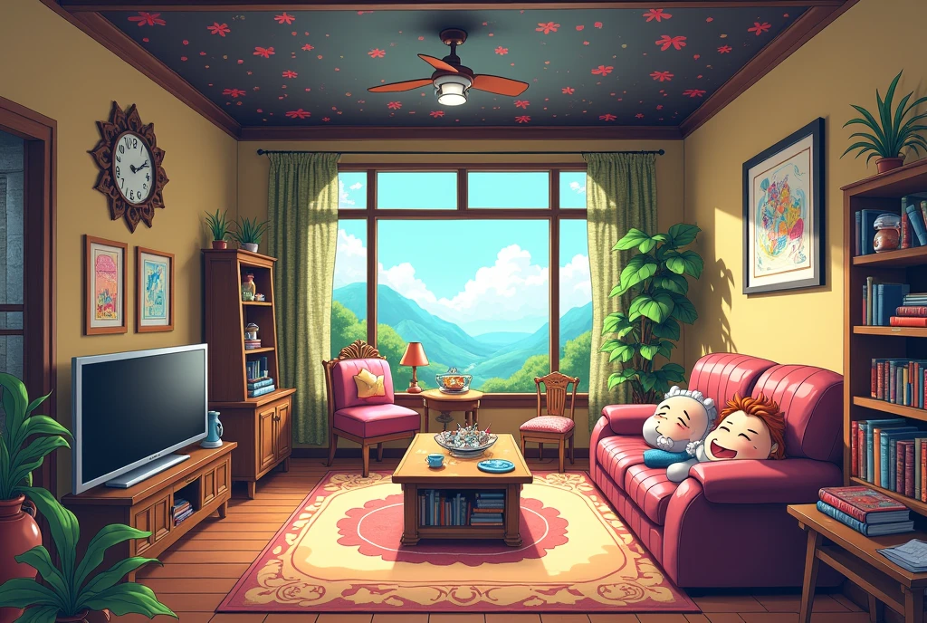 Cartoon living room, dining table, windows, style of madhouse studio anime, rpg maker style bedroom, stairs, door