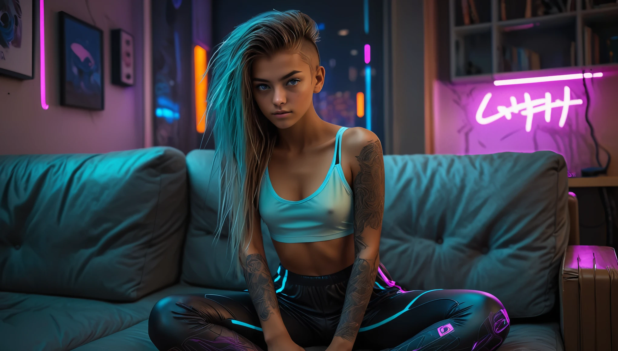 Top Quality, Masterpiece, High Resolution, 8k, (cute girl, barely legal, age 14, in oversized loose silky crop top with deep cleavage, deep neckline and wetlook leggings, large perky breasts, beautiful detailed eyes, beautiful detailed lips, small closed mouth, extremely detailed face, tanned skin, random long side shaved hair style, small hips, some tattoos), (((in cyberpunk apartment, next to a couch))), moody atmosphere, dramatic and random neon colors, futuristic setting, intricate details, at night, backlit, full body shot, view from distance, random pose