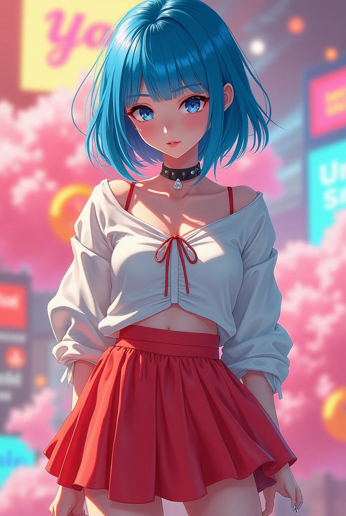 A girl with a miniskirt and blue hair, Whole body
