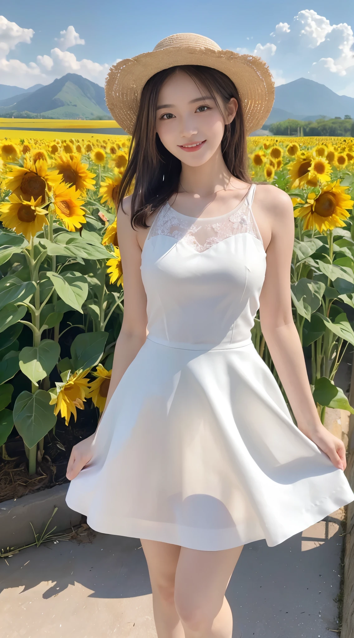 (Highest quality: 1.3), (masterpiece: 1.3), (Ultra-detailed: 1.3), (Detailed hands and fingers:1.2),(Ultra-oily, lustrous skin with attention to detail:1.1),White dress,Brown Hair,(dragon ball android１８No. hairstyle),Medium Hair,Baby Face,Straw hat,White long skirt,cute,A beautiful woman,Thin legs,Slender Body,wave hands,((The best smile)),Fluttering skirt,Sunflower field,Blue sky,White cloud,Beautiful Landscape