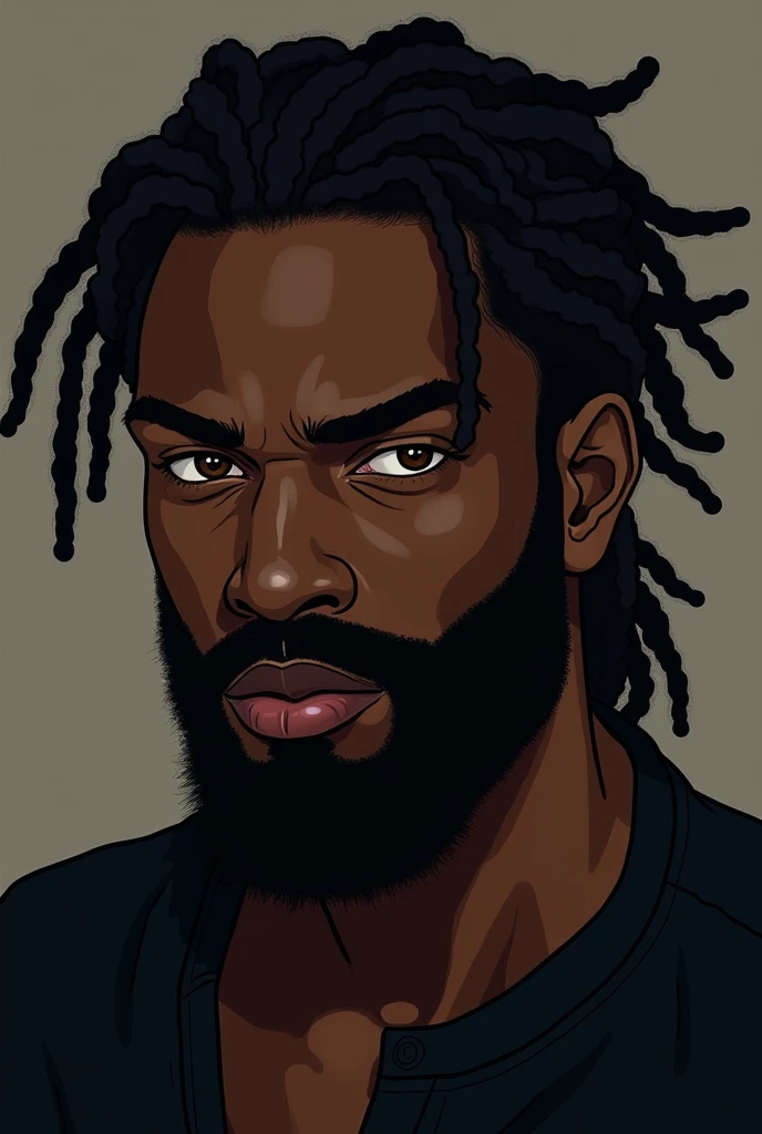 a black man with dreads and a beard wearing a black shirt, portraite, Golden eye color. anime styling. very dark espresso skin color. wide nose, large lips