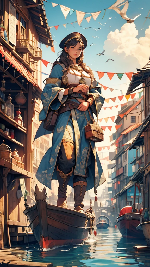 (best quality,4k,8k,highres,masterpiece:1.2),ultra-detailed,(realistic,photorealistic,photo-realistic:1.37),harbour,dock,market in harbour,fisherman sell their fish,medieval fantasy,ancient boats,old wooden buildings with colorful signs,seagulls soaring in the sky,polished stone statues of mythical creatures,people wearing medieval clothing bustling around,richly decorated trading stalls filled with various goods,bustling crowd admiring the exotic merchandise,cobblestone streets with flickering lanterns,proud fisherman showcasing their freshly caught fish,hint of saltiness in the air,ship masts towering against the sky,calm waters reflecting the vibrant scene, warm sunlight bathing the harbor,soft hues of blue and gold,picturesque silhouette of the nearby castle,old cannons guarding the entrance,watchtowers looming over the harbor,peaceful harmony between the medieval and nautical elements。