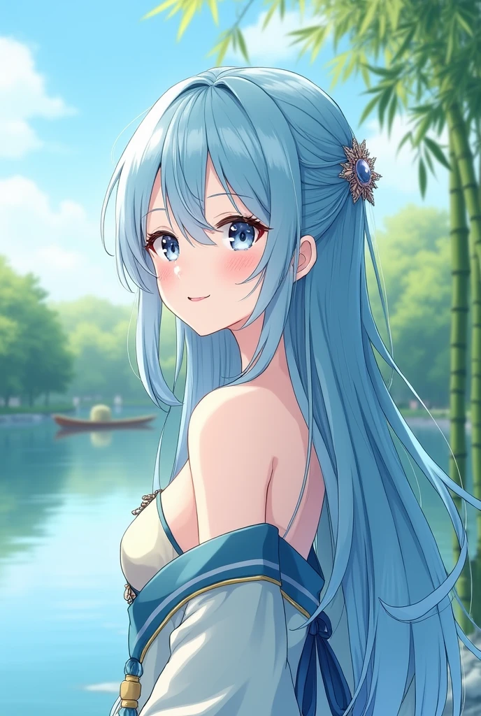 Masterpiece, Best Quality, Official Art, 8k Wallpaper, Very Detailed, Illustration, 1 Girl, Sky Blue Hair, Long Hair, Detailed Eyes, Forrest Gump, Bare Shoulders, Hanfu, Lake, Pure, Soft Smile, bamboo, tea