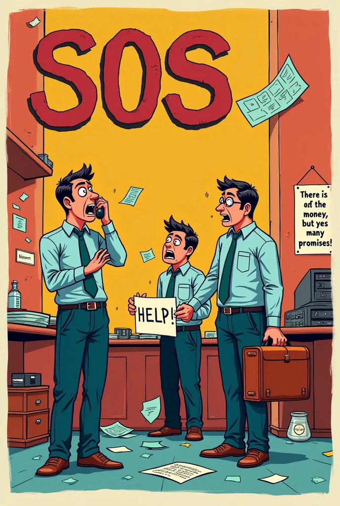 bottom: Use a background that evokes despair and humor, like a messy office or an empty waiting room with a whiteboard full of messages "sos".
Title: Coloca el título “sos: The Odyssey of the Three Desperate Men” at the top in a large, bold font. You could use a font that looks handwritten to give it a casual and humorous touch..
illustrations: Draw or use illustrations of the three employees with exaggerated expressions of despair and exhaustion.. You can show one typing furiously on a phone, another with a sign of “Help!"and the third one with a suitcase about to leave.
Comic Details: Add comical details like papers flying through the air, an empty coffee cup, and signs on the walls that say things like “There is no money, but yes many promises!”.
colors: Use bright, contrasting colors to highlight the comedic nature of the short film.. red, yellow and blue might work well.
With these elements, You can convey both the desperation and the humorous touch of the short film. I hope it helps you!