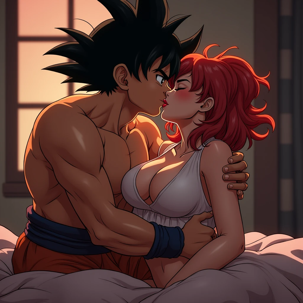 Goku and Milk, erotic porn scene, naked, in bed, male and female couple