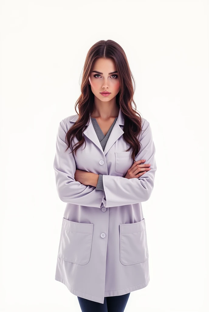 Woman in white coat, crossed arms, baldie, white background