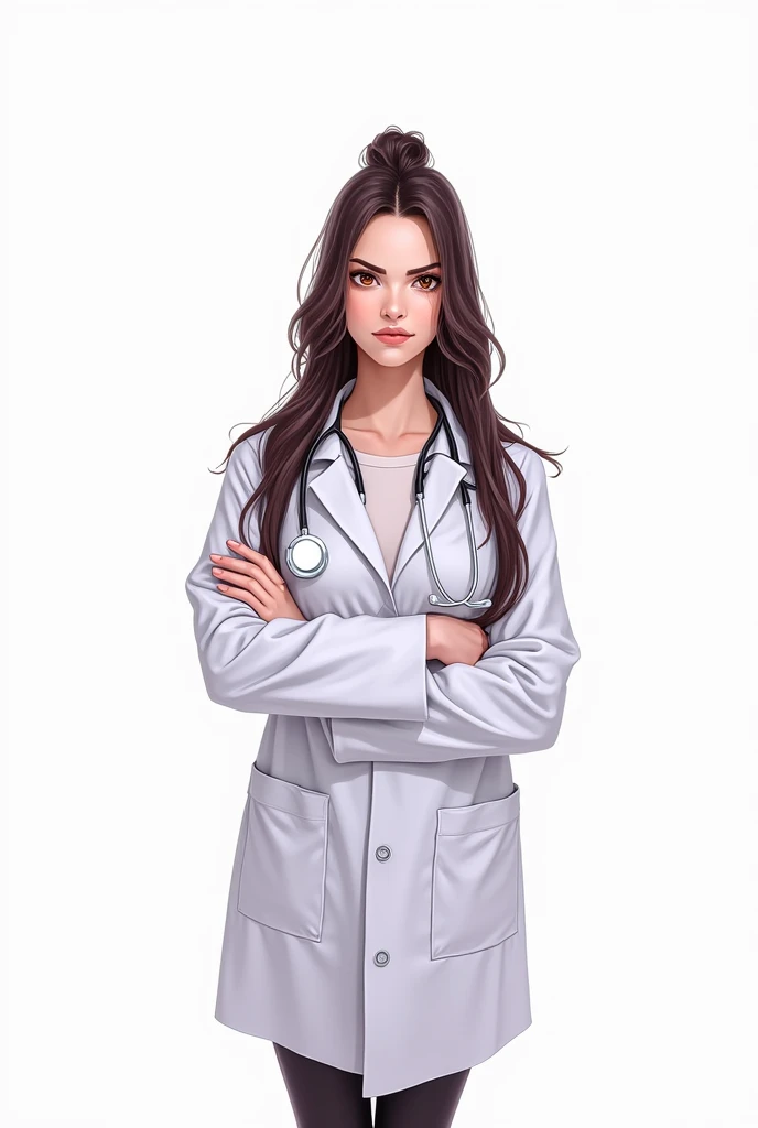 Woman in white coat, crossed arms, baldie, white background