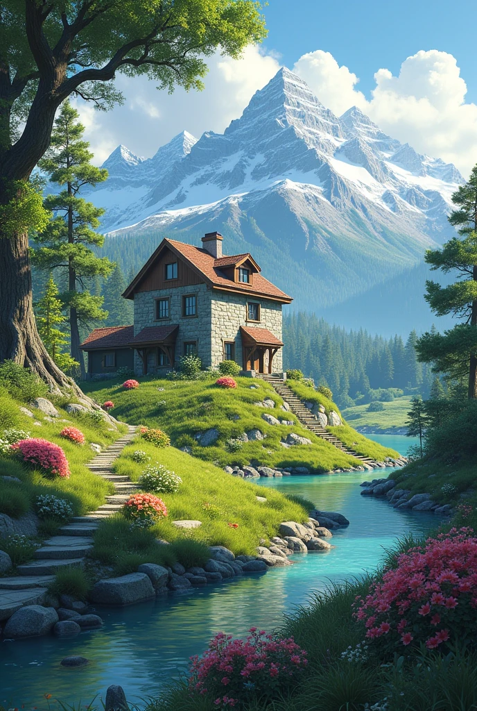 beautiful stone house on a dune green landscape with flowers and a river with snowy mountains in back and trees nearby