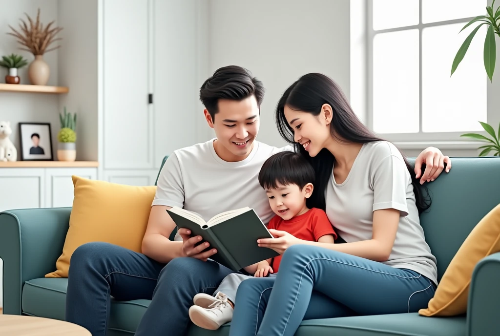 1 adult woman, 1 adult man, 1 young child, detailed portrait of a 2 woman with long black hair, white skin, wearing a white t-shirt, white jeans, detailed portrait of a 30 year old man with short hair, white skin, wearing a white t-shirt, detailed portrait of a  boy with short hair, white skin, wearing a red t-shirt, husband and wife sitting on a sofa next to their child, looking at their child with love, simple interior of a house, white book cover, (best quality,4k,8k,highres,masterpiece:1.2),ultra-detailed,(realistic,photorealistic,photo-realistic:1.37),HDR,UHD,studio lighting,ultra-fine painting,sharp focus,physically-based rendering,extreme detail description,professional,vivid colors,bokeh,portrait