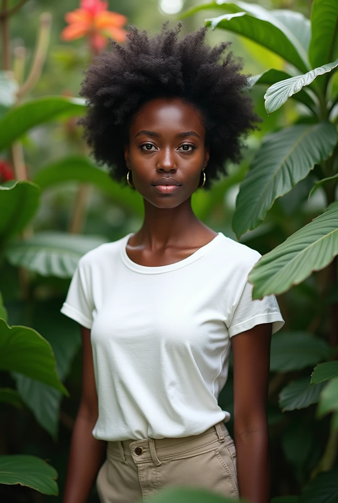 A black Brazilian woman in a lush tropical garden, wearing a WHITE COTTON TSHIRT ROUND NECK WITH HAND ON WAIST WHITE BACKGROUND