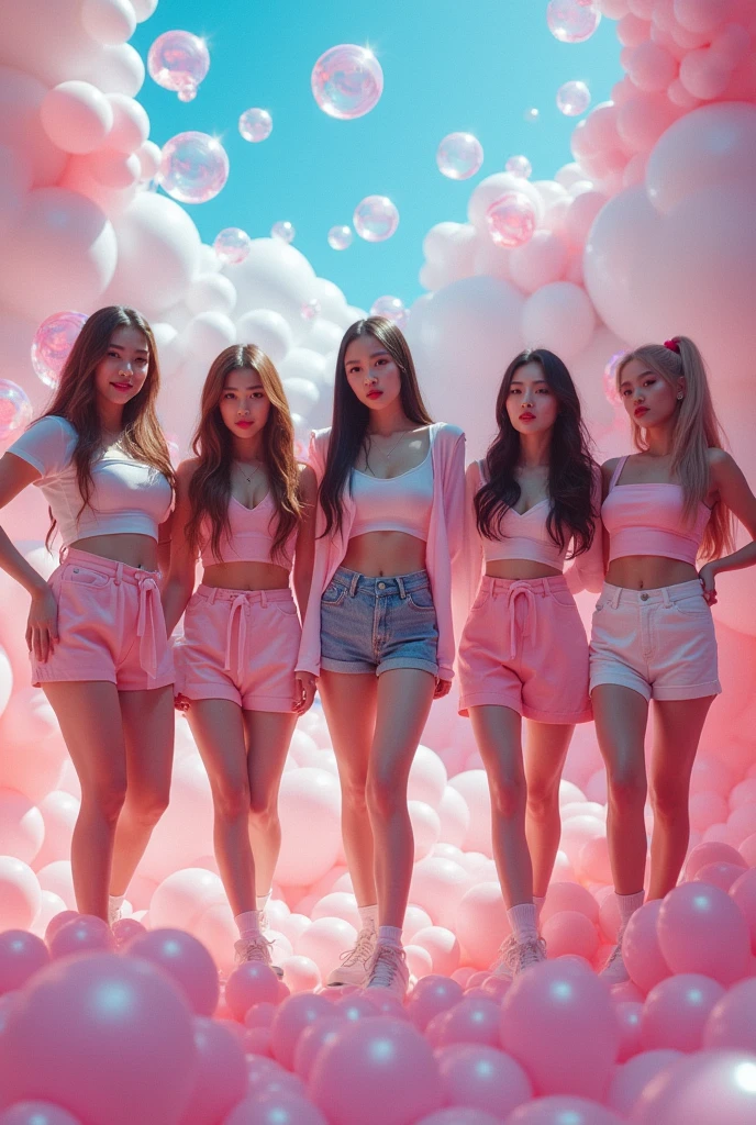 A five member kpop group with bubbles around them their all skinny and wearing y2k outfits 