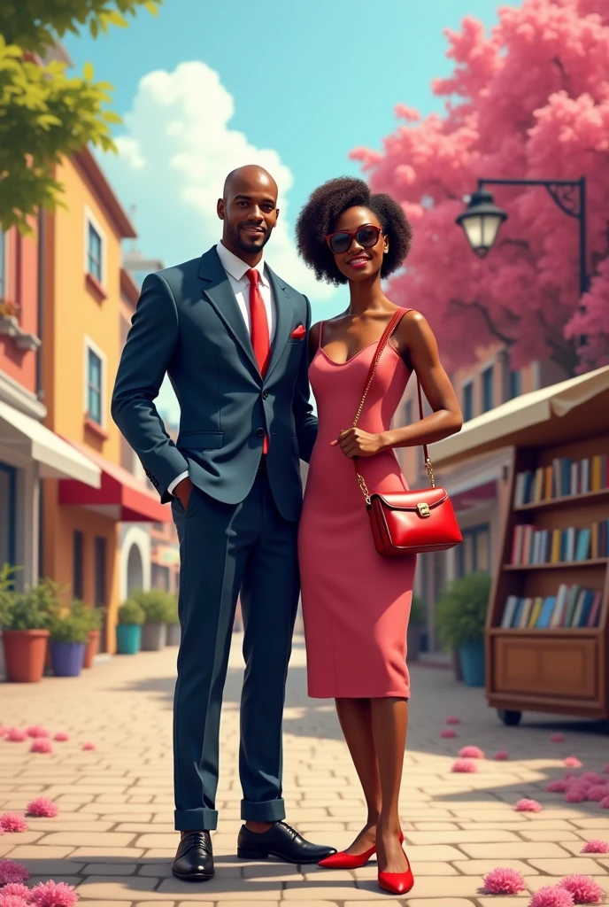 ultra quality, 8k.
um casal, THE MAN WEARS BLACK FORMAL CLOTHING THE WOMAN WEARS A BEAUTIFUL DRESS AND RED SHOES AND A RED BAG. 
THE MAN IS BALD, HIS SKIN COLOR IS BLACK, THE WOMAN HAS SHORT CURLY HAIR AND WEARS SUNGLASSES.
THEY ARE IN A BEAUTIFUL SQUARE WITH PINK FLOWERS.
IN THE MIDDLE OF IT THERE IS A PORTABLE BOOK SHOWCASE. 
THEY ARE CENTERED AND LOOKING AT THE CAMERA WITH A CONFIDENT AND HAPPY APPEARANCE.