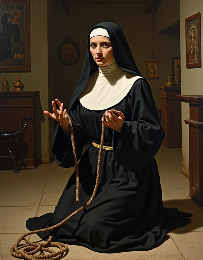 Saint Rose of Lima with her black and white clothing, punishing himself with a whip