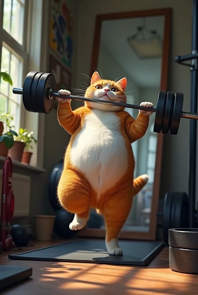 Scene: After weeks of effort, the cat begins to slim down and gain muscle. Show him now exercising with ease, lifting heavier weights, and running confidently.
Emotion: A sense of pride and confidence shines through as he looks at his reflection in the mirror, seeing his progress